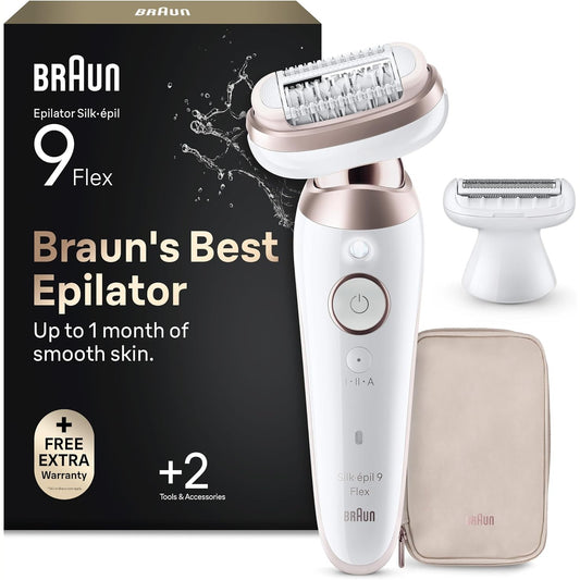 335758 - BRAUN Epilator elektrik Silk Epil 9 Flex për femra, Makinë rroje elektrike me kokë fleksibile 360, lëkurë të lagësht dhe të thatë, model 9-030 3D, e bardhë/rozë