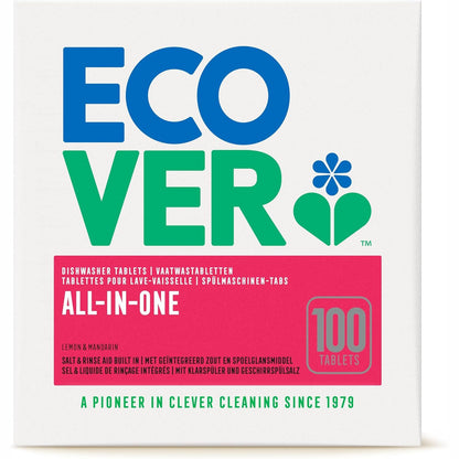 316932 - ECOVER - Tableta Gjithçka-në-Një për Lavastovilje me Kripë dhe Ndihmës Shpëlarjeje, 100 Tableta, Pastrim i Fuqishëm, Aromë Mandarine dhe Limoni
