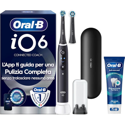 271015 - ORAL-B Furçë dhëmbësh elektrike iO 6, 2 koka, e zezë, 2 koka zëvendësuese, rikarikueshme, kuti + 1 pastë dhëmbësh e avancuar