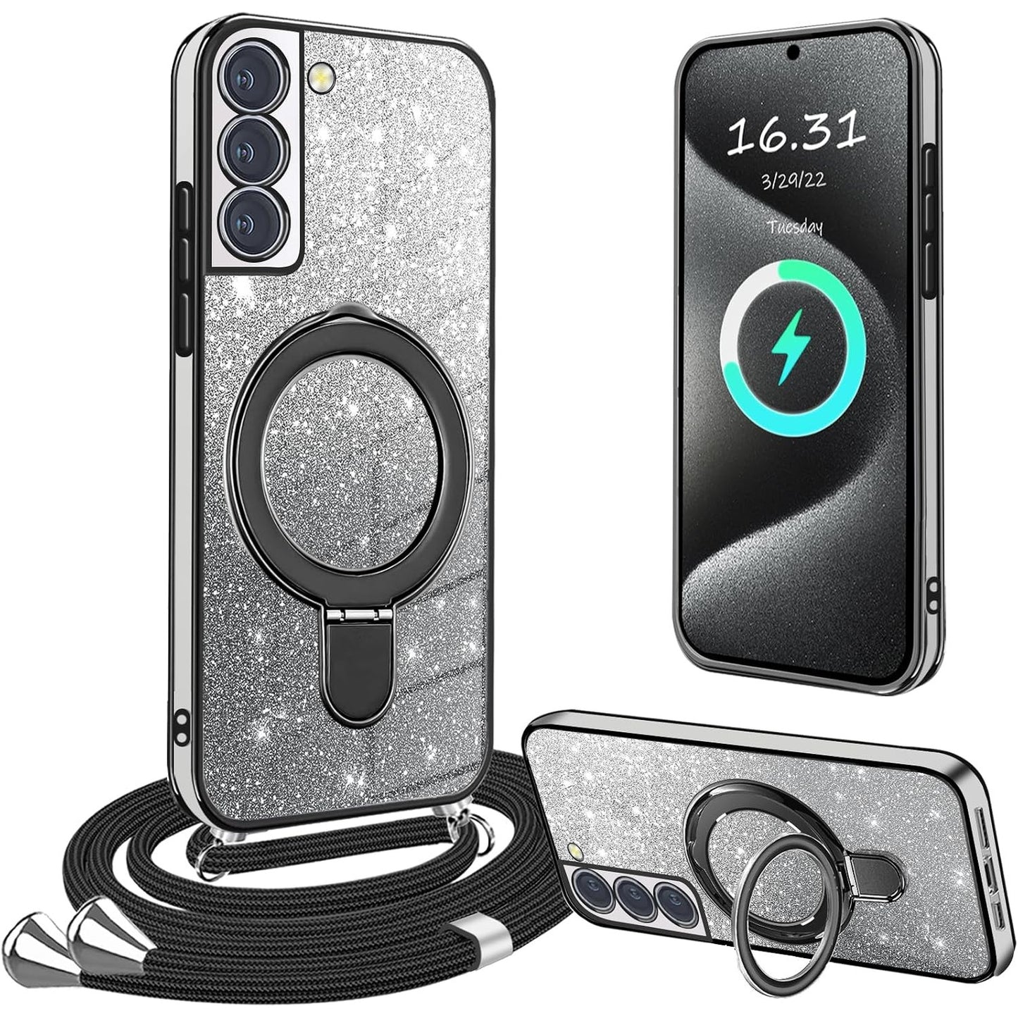267452 - Samsung Kalim 5G Mbulesë me shkëlqim dhe kordon, Mbulesë transparente prej silikoni TPU rezistente ndaj goditjeve me rrip qafe