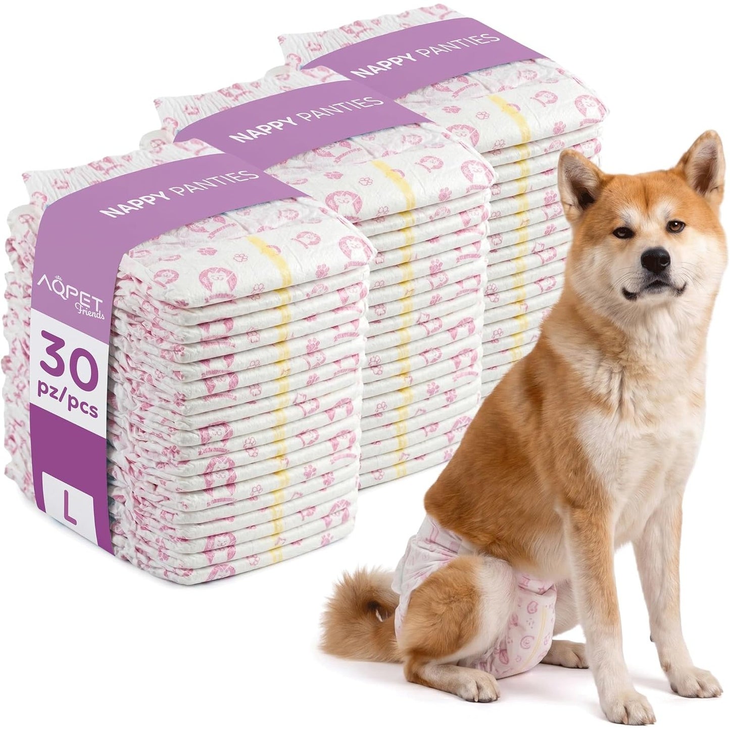 256697 - AQPET Pelena Higjienike për Qen Femra, Madhësi e Madhe 520x320 mm, Pako me 30 copë, Mbyllje Ngjitëse të Rregullueshme