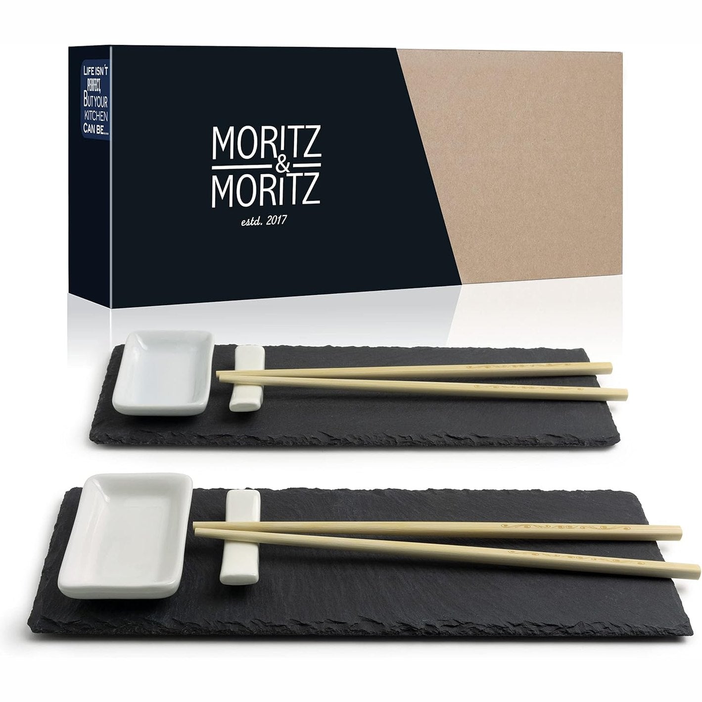 252745 - Pjatë sushi MORITZ & MORITZ me 10 pjesë dhe tasa për salcë për 2 persona - 30x10 cm - enë për sushi, pjata prej argjile me shkopinj, vende për pushim, tasa për salcë, pjata prej argjile