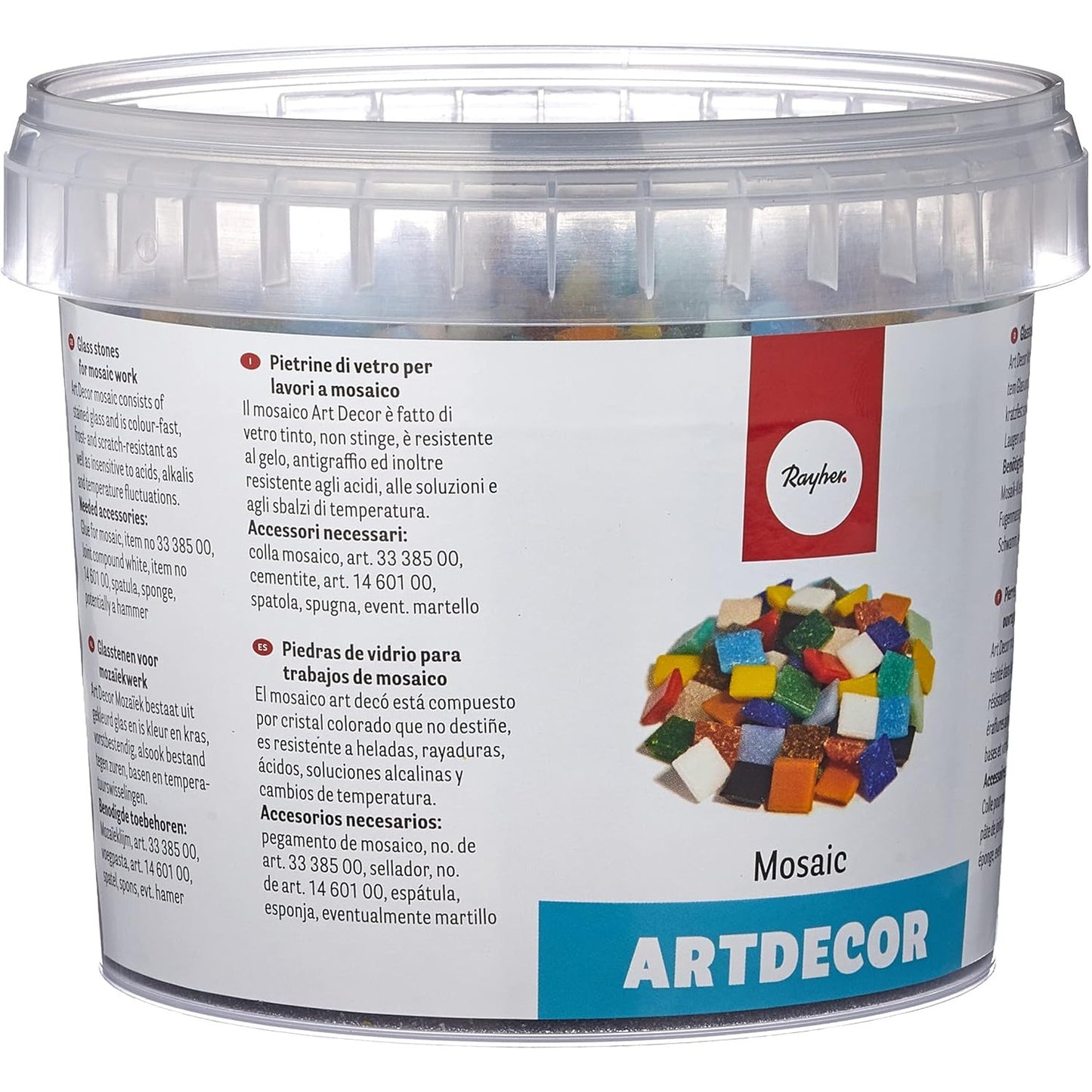 210616 - RAYHER - Kovë Mozaik Qelqi, 1x1 cm, Përziera Tesera, Pesha 1kg (Rreth 1300 Copë), Përdorim për Dekorim të Brendshëm dhe të Jashtëm, Shumëngjyrëshe