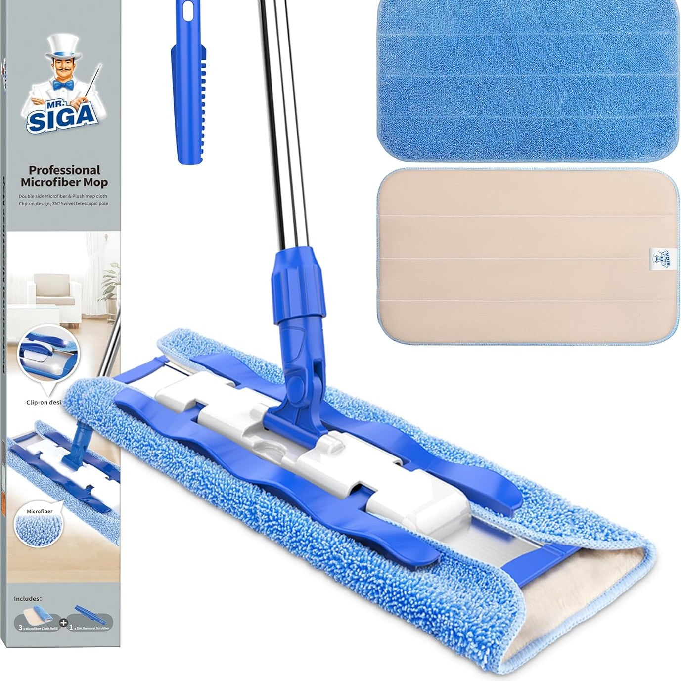 222635 - MR.SIGA Mop Profesional i Sheshtë, 3 Lecka Mikrofibre të Ripërdorshme, 1 Furçë, Rregullueshëm, Dorezë të Gjatë Çeliku Inoks