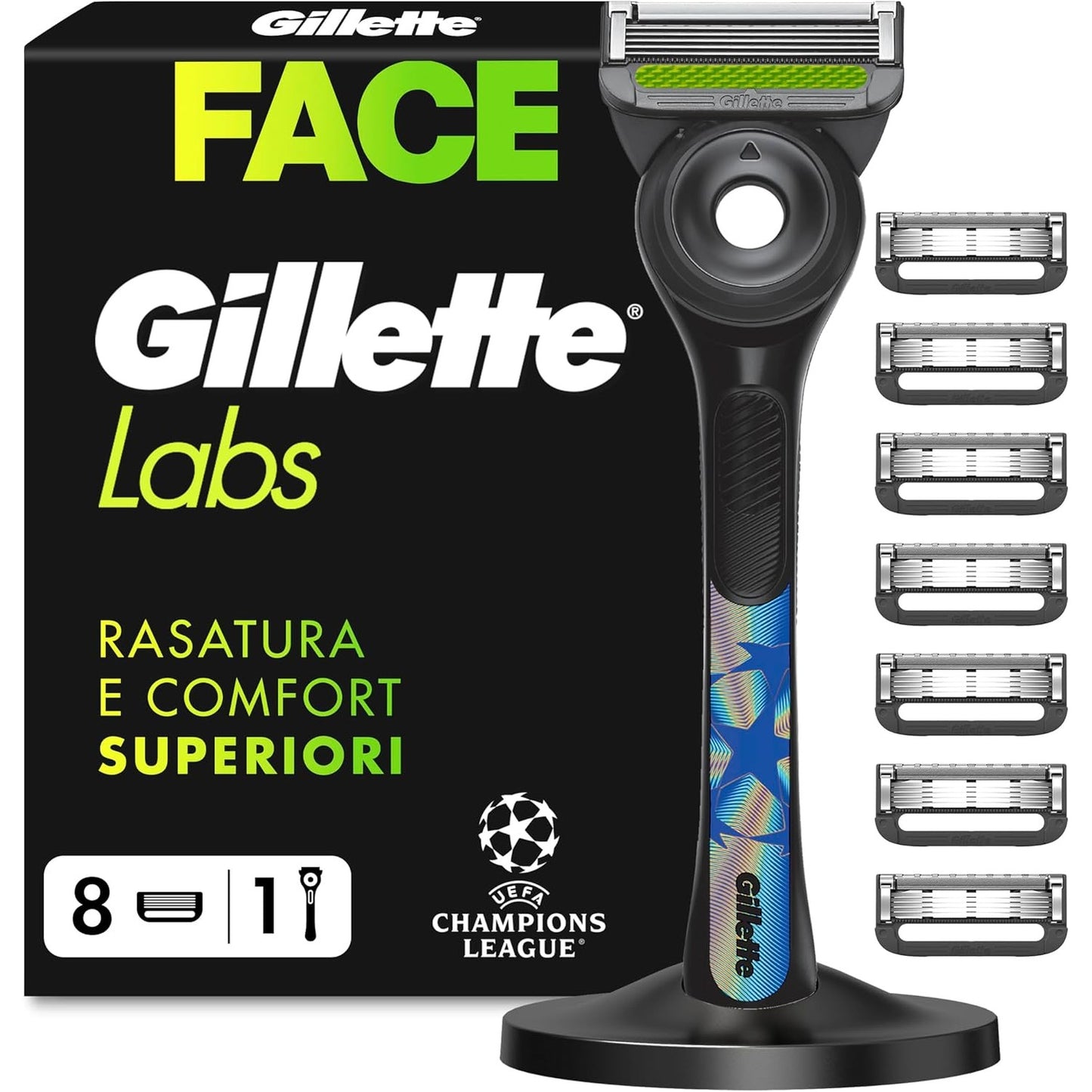 320965 - GILLETTE Brisku i drejtë UEFA Champions League Edition Special, Gillette Labs me shufër eksfoliuese, 1 dorezë + 8 tehe mbushëse, përfshin bazë magnetike premium