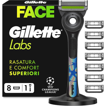 320965 - GILLETTE Brisku i drejtë UEFA Champions League Edition Special, Gillette Labs me shufër eksfoliuese, 1 dorezë + 8 tehe mbushëse, përfshin bazë magnetike premium