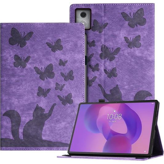 86924 - AUSLBIN Mbrojtëse Retro për Lenovo Idea Tab Pro/P12 2025 (Gjenerata 2) në Stilin e Fluturës dhe Maces, Prej Lëkure PU me Mabajtëse Stilolapsi, Ngjyrë Vjollcë