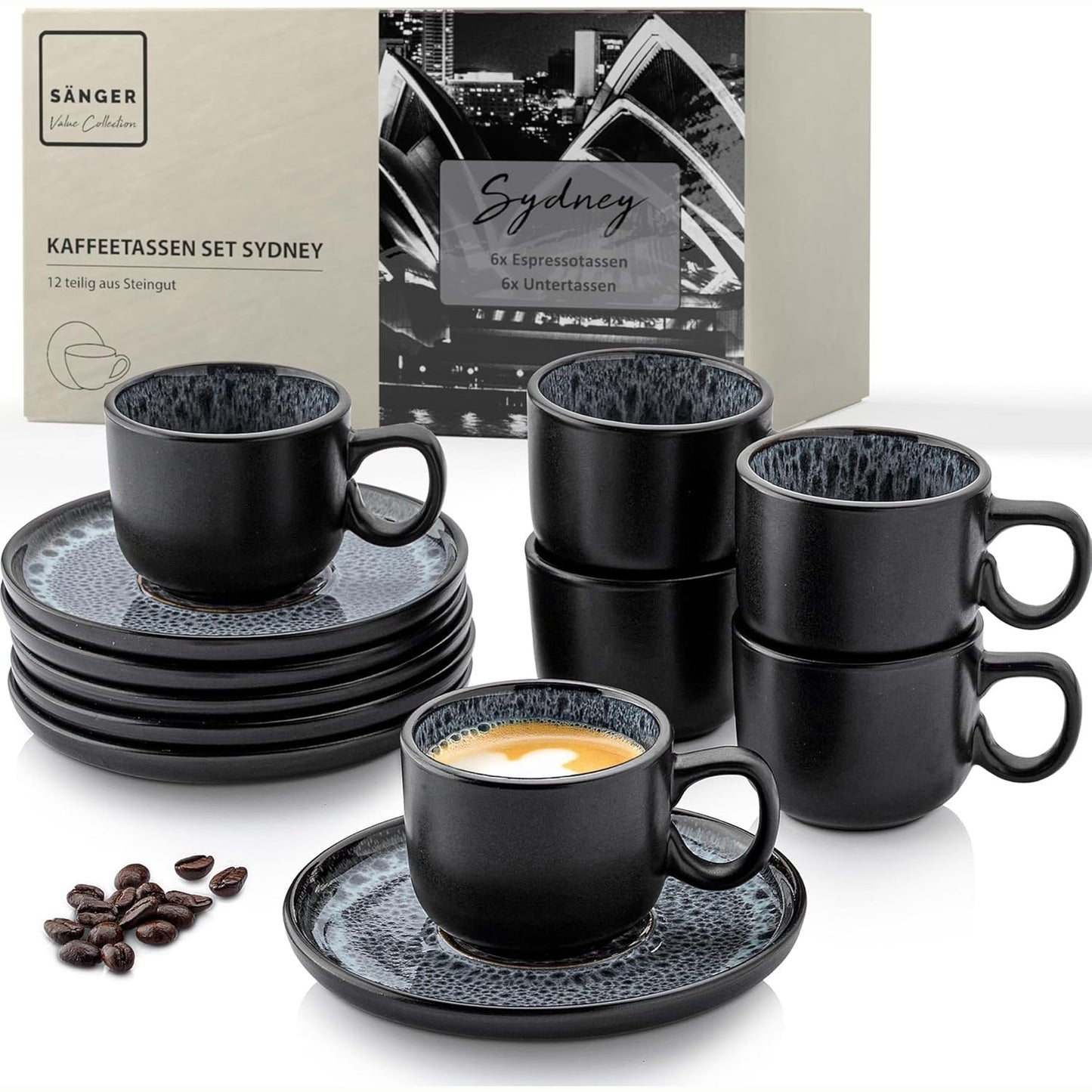 255452 - SÄNGER Sydney | Set filxhanësh për espresso prej gresi me 12 pjesë, për 6 persona, filxhanë dhe pjatë, i sigurt për lavastovilje dhe mikrovalë, gri e errët, 80 ml