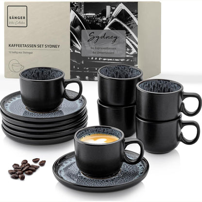 255452 - SÄNGER Sydney | Set filxhanësh për espresso prej gresi me 12 pjesë, për 6 persona, filxhanë dhe pjatë, i sigurt për lavastovilje dhe mikrovalë, gri e errët, 80 ml