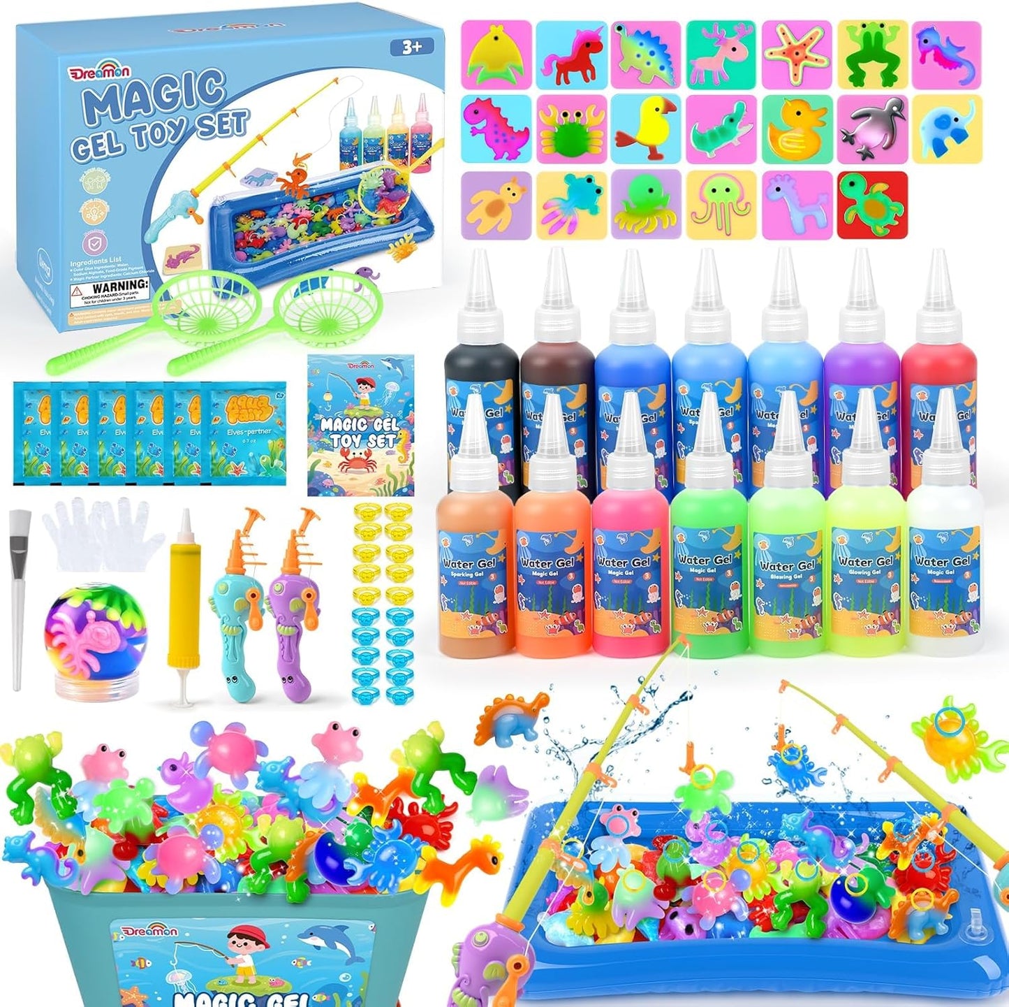 206147 - AQUA DREAMON Kit Peshkimi Artizanal për Fëmijë, Ndryshim Xhel 71 copë, 14 Xhel me Ngjyra, 20 Forma, 2 Shkopinj Peshkimi, Moshë e Rekomanduar 3+ Vjeç, Lojë Krijuese Dhuratë për Vajza dhe Djem 5, 6, 7, 8 Vjeç