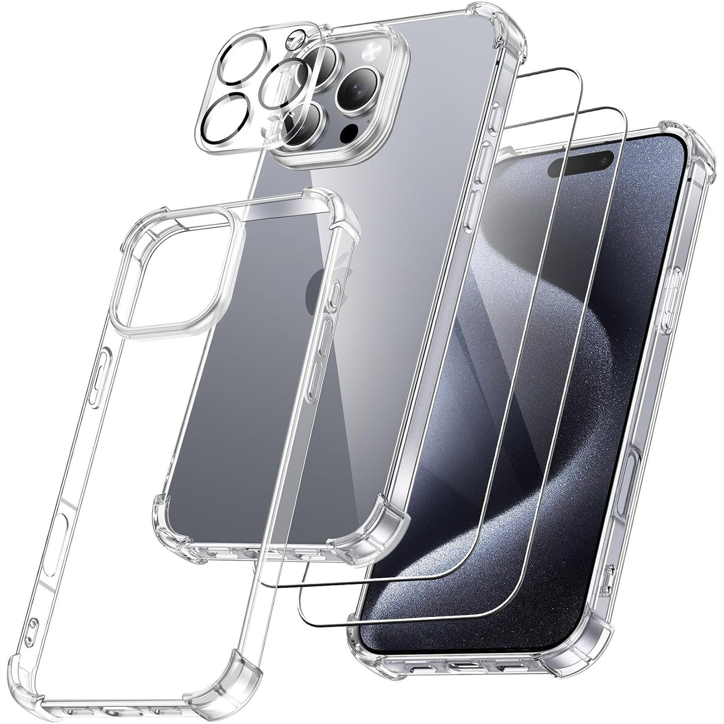 269491 - FLLAO Mbulesë 4-në-1 për iPhone 16 Pro Max me 2 mbrojtëse ekrani prej qelqi të temperuar dhe 1 mbrojtëse kamere, [Jastikë ajri i integruar] Mbulesë mbrojtëse rezistente ndaj goditjeve dhe gërvishtjeve për iPhone 16 Pro Max 6.9", transparente