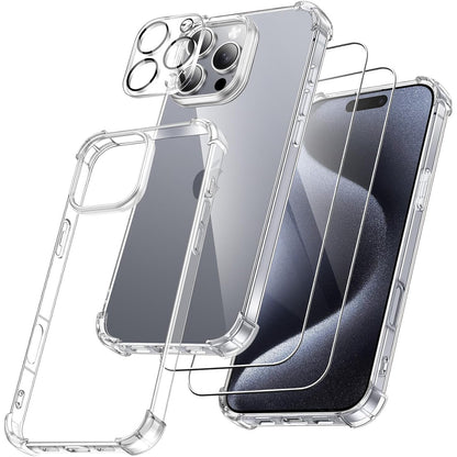 269491 - FLLAO Mbulesë 4-në-1 për iPhone 16 Pro Max me 2 mbrojtëse ekrani prej qelqi të temperuar dhe 1 mbrojtëse kamere, [Jastikë ajri i integruar] Mbulesë mbrojtëse rezistente ndaj goditjeve dhe gërvishtjeve për iPhone 16 Pro Max 6.9", transparente