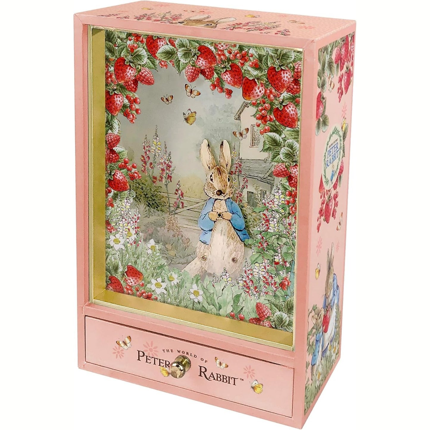 221640 - TROUSSELIER Varëse çelësash Peter Rabbit - Kuti muzikore e madhe tradicionale prej druri, dizajn lepuri rozë me luleshtrydhe dhe gurë - Kuti muzikore për vajzë ose djalë
