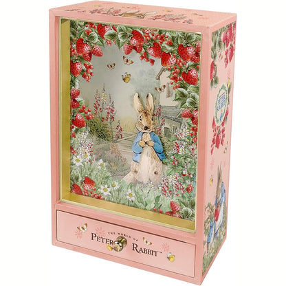 221640 - TROUSSELIER Varëse çelësash Peter Rabbit - Kuti muzikore e madhe tradicionale prej druri, dizajn lepuri rozë me luleshtrydhe dhe gurë - Kuti muzikore për vajzë ose djalë