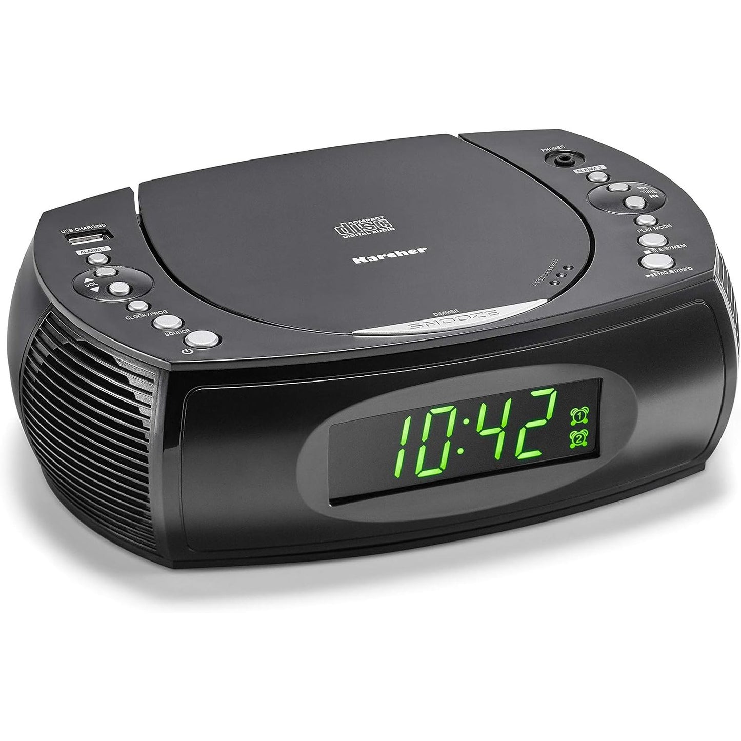 266445 - KARCHER UR 1308 - Orë alarmi me radio me CD player dhe radio FM, orë alarmi me dy orare alarmi të rregullueshme, kohëmatës gjumi, ekran i zbehtë, orë radio, funksion karikimi USB, e zezë