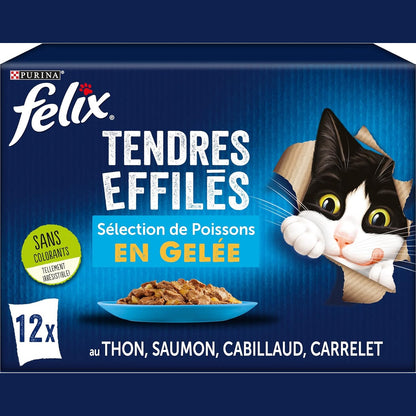 213468 - FELIX Copa të buta mishi për mace të rritura në pelte, ushqim i plotë, përzgjedhje peshqish: me ton, merluc, salmon dhe plaice, pako me 6 x (12 x 85g)