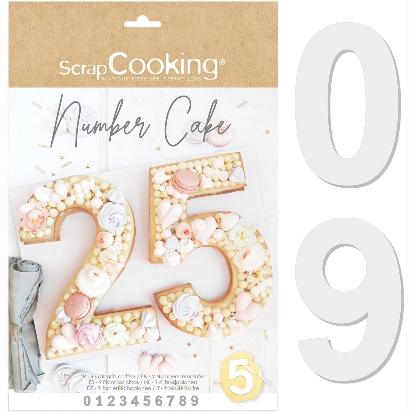 238007 - Gatim me Scrap - Set Formash për Tortë me Numra - Numra nga 0 deri në 9 - Lartësia 28 cm / 11 inç - Shabllone dhe Aksesorë Pjekjeje - Torta në Formë Numrash për Embëlsira Ditëlindjeje - Me Receta - 3927