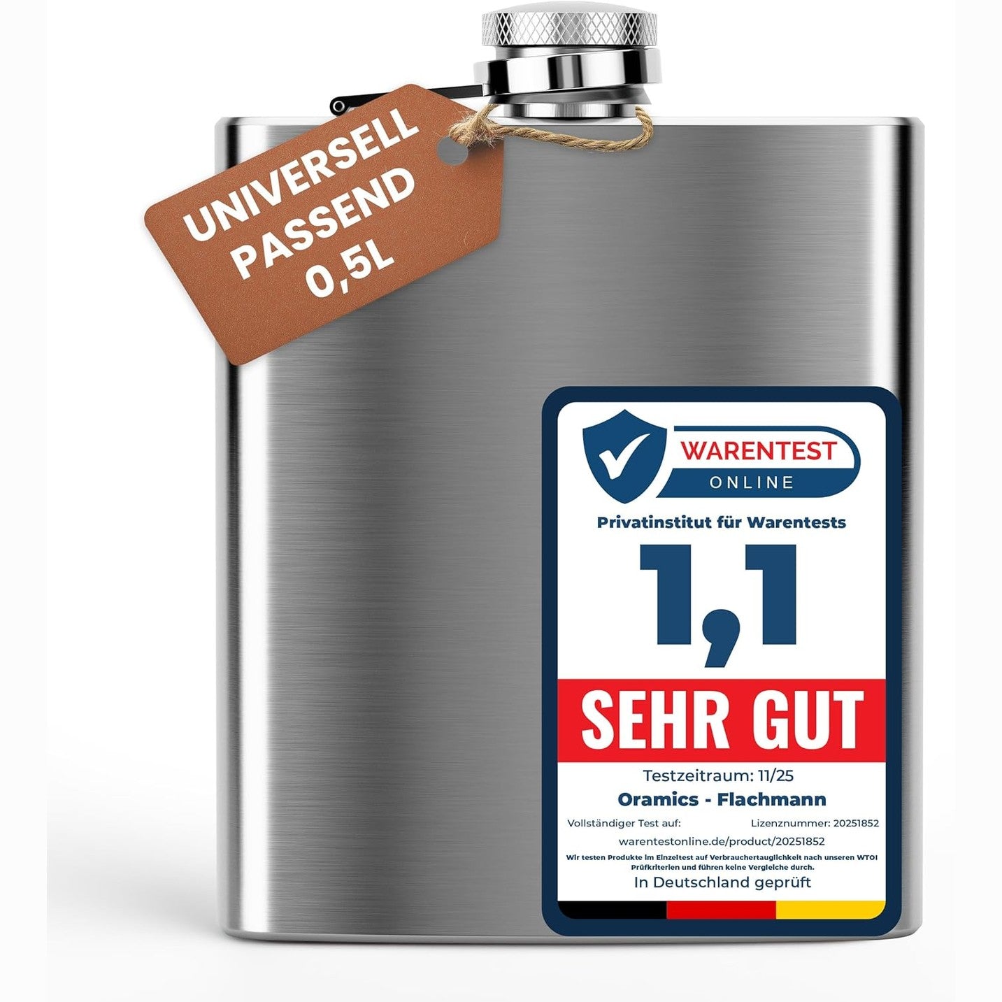 215876 - Shishe me kapak çeliku inox 0.5 L, argjendi, me kapak vidhos - rezistente ndaj rrjedhjeve, kapacitet 500 ml, 17x13x3 cm