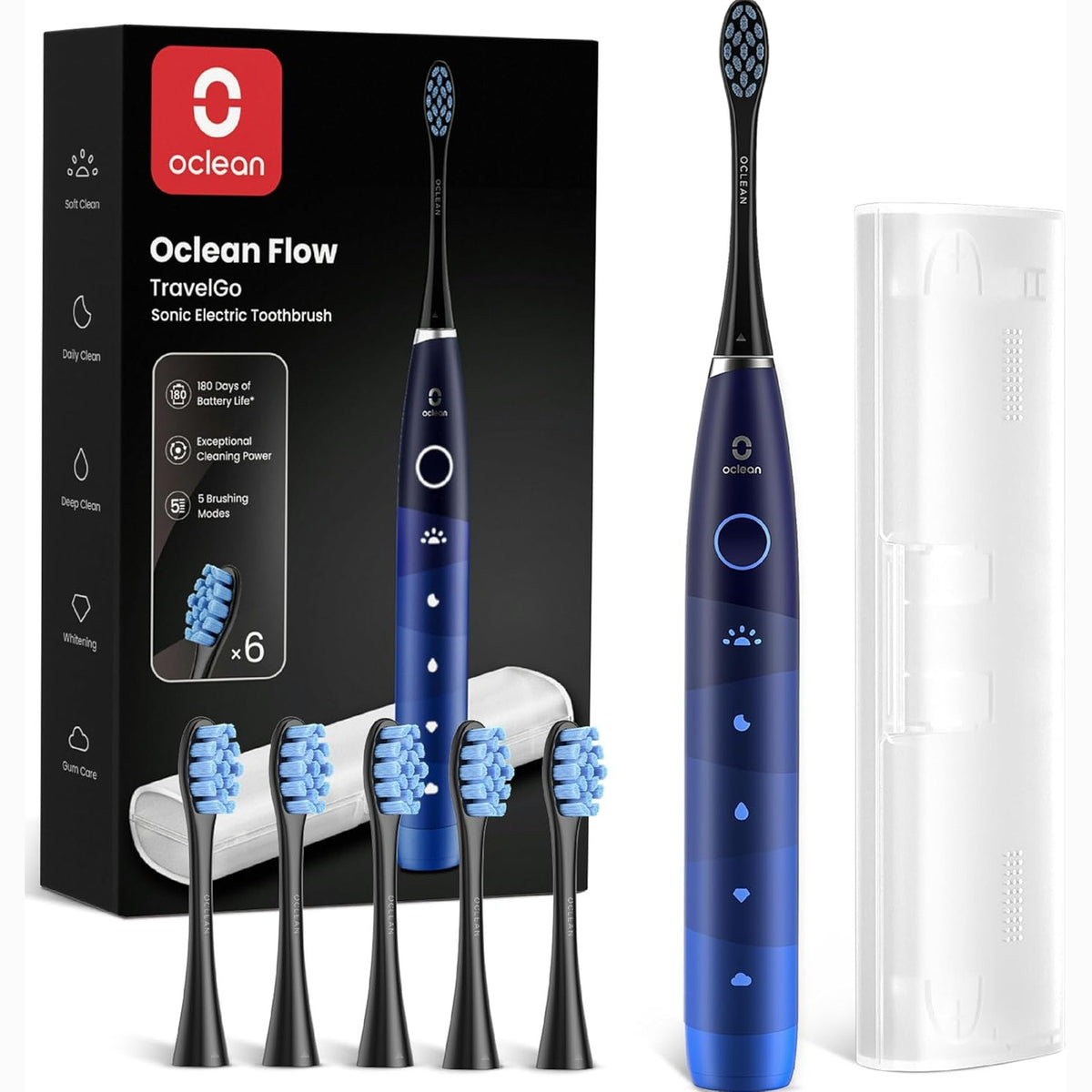 311239 - Oclean Flow Sonic Set Dhurate Furça Dhëmbësh Elektrike, Mbushje 180-Ditore, 5 Modalitete, IPX7, Kohëmatës 2-Minutësh, 6 Koka Furçe DuPont™, Çantë Udhëtimi, Blu