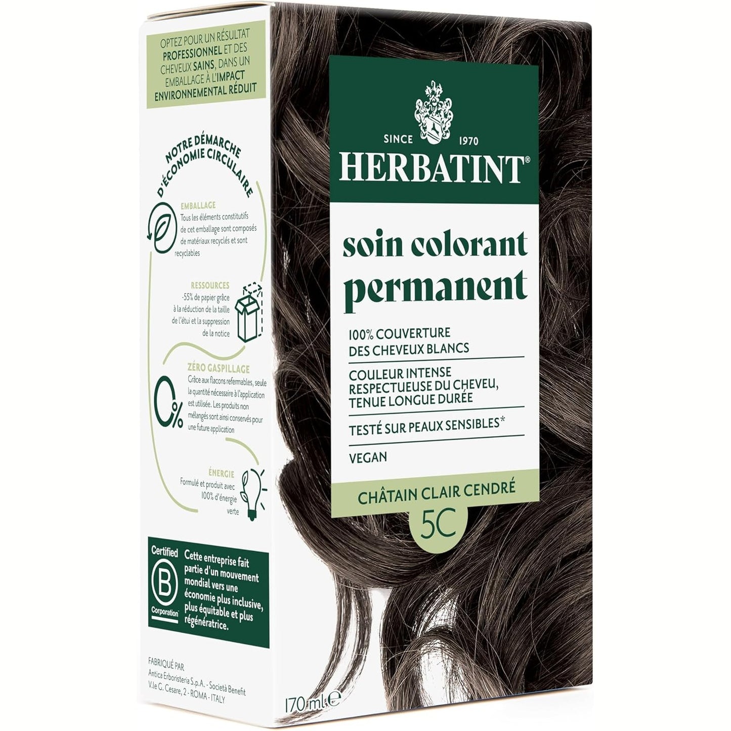 275794 - HERBATINT Trajtim i përhershëm për ngjyrosjen e flokëve 5C, kafe e çelët hiri - 170ml | Pa amoniak, 100% mbulim i thinjave | Testuar dermatologjikisht për lëkurë të ndjeshme, me 8 ekstrakte bimore organike