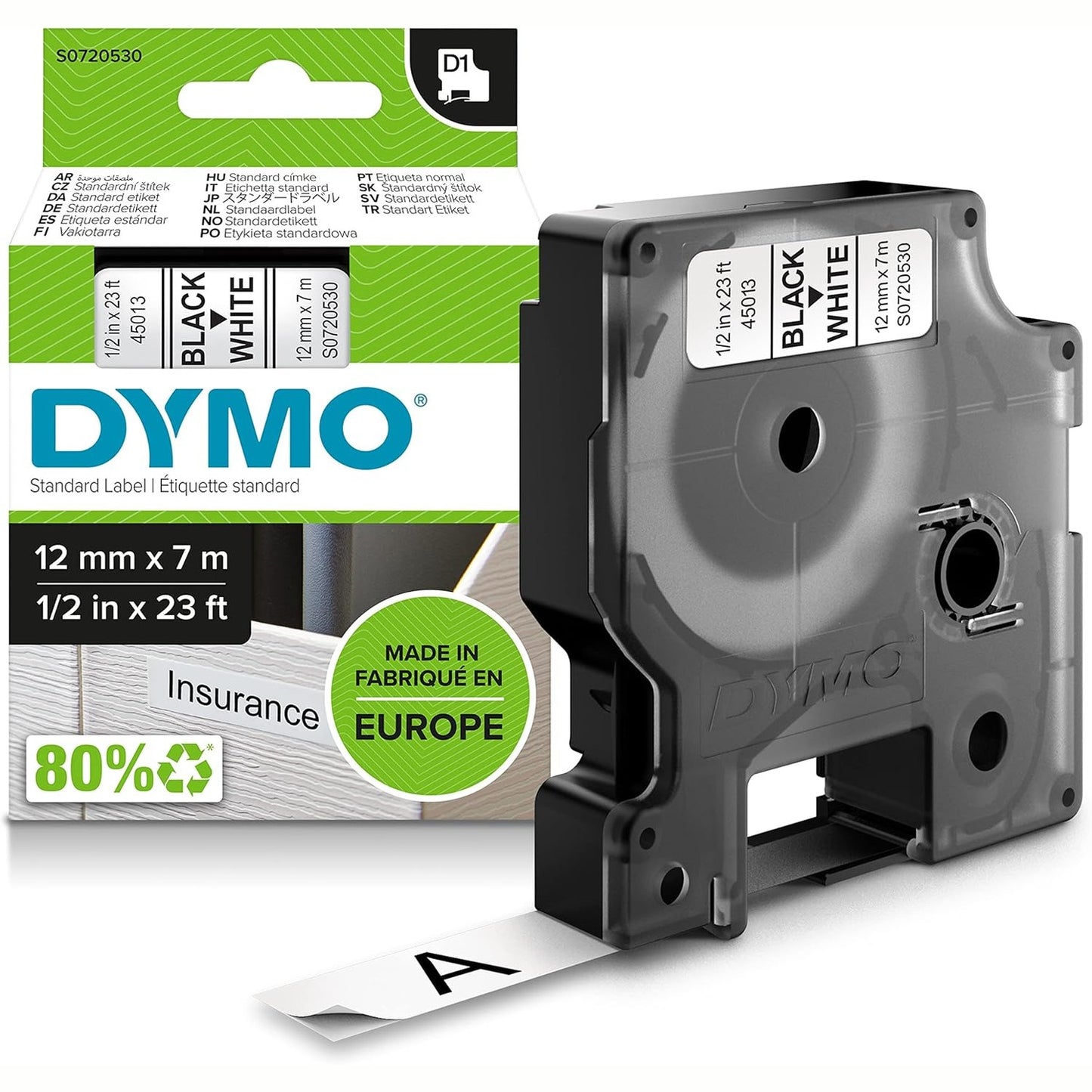 266845 - DYMO D1 Etiketa Origjinale Vetëngjitëse, Shtypje e Zezë në Fond të Bardhë, 12 mm x 7 m, për Etiketuesit LabelManager
