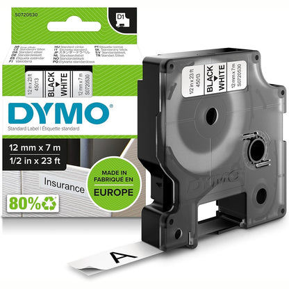 266845 - DYMO D1 Etiketa Origjinale Vetëngjitëse, Shtypje e Zezë në Fond të Bardhë, 12 mm x 7 m, për Etiketuesit LabelManager