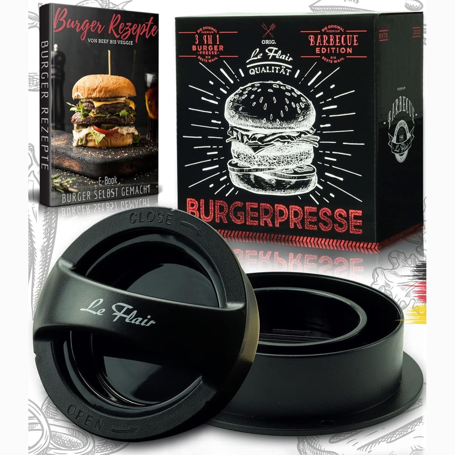 248549 - LE FLAIR® Set 3-në-1 për presë hamburgerësh, me qese ruajtjeje dhe 50 fletë letre pjekjeje, aksesor BBQ për burra
