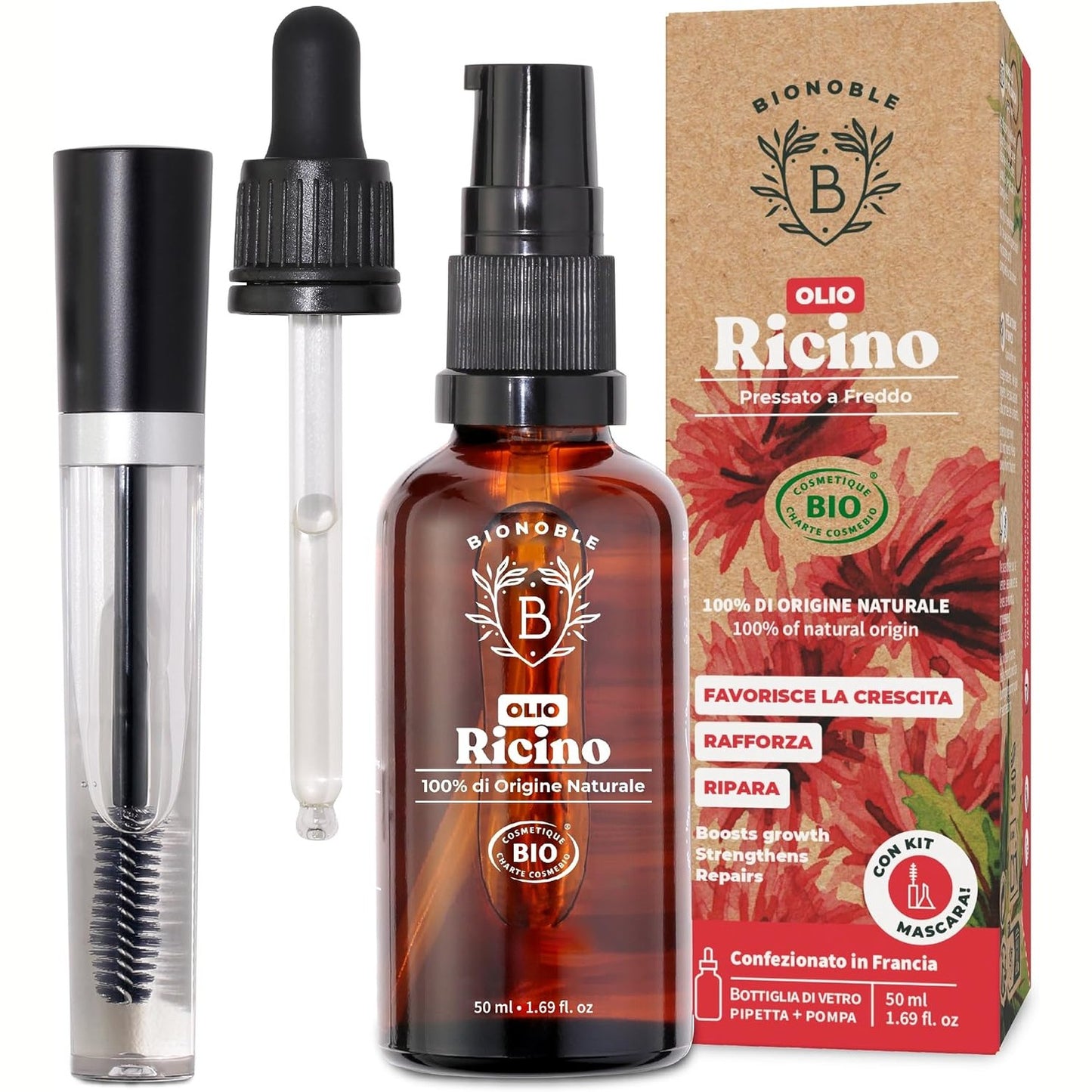 290142 - BIONOBLE KIT VAJ RICINI ORGANIK + RIMEL - FLOKË, QERPIKË, MJEKËR - 50ML