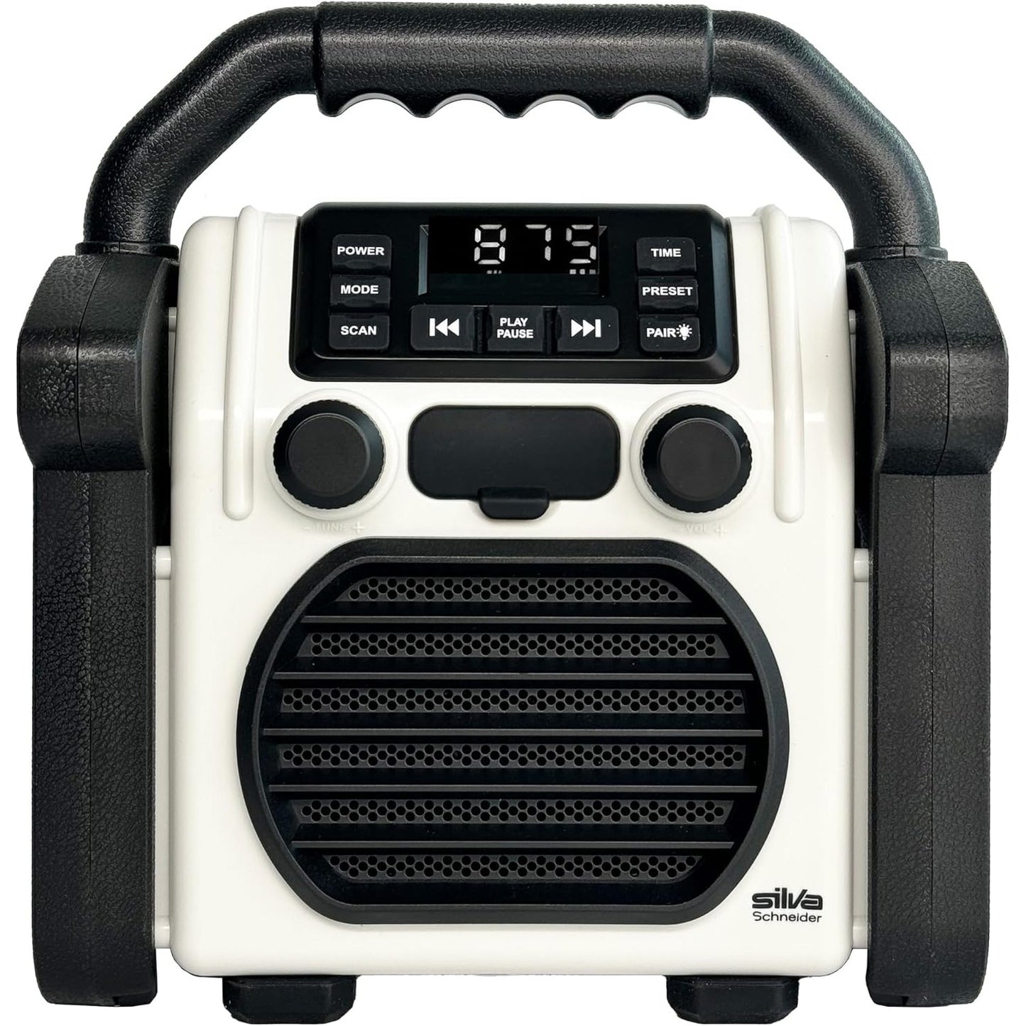 266117 - SILVA SCHNEIDER BR 230 BT, Radio Bluetooth për Kantierin e Ndërtimit - E Verdhë Neoni/E Bardhë e Ngjyrë e Kuqe - Radio Dixhitale PPL, 100 Vat, Rezistente ndaj Pluhurit dhe Ujit IP55, Bateri 4000 mAh, Funksion Karikimi USB, Fener dhe Alarm