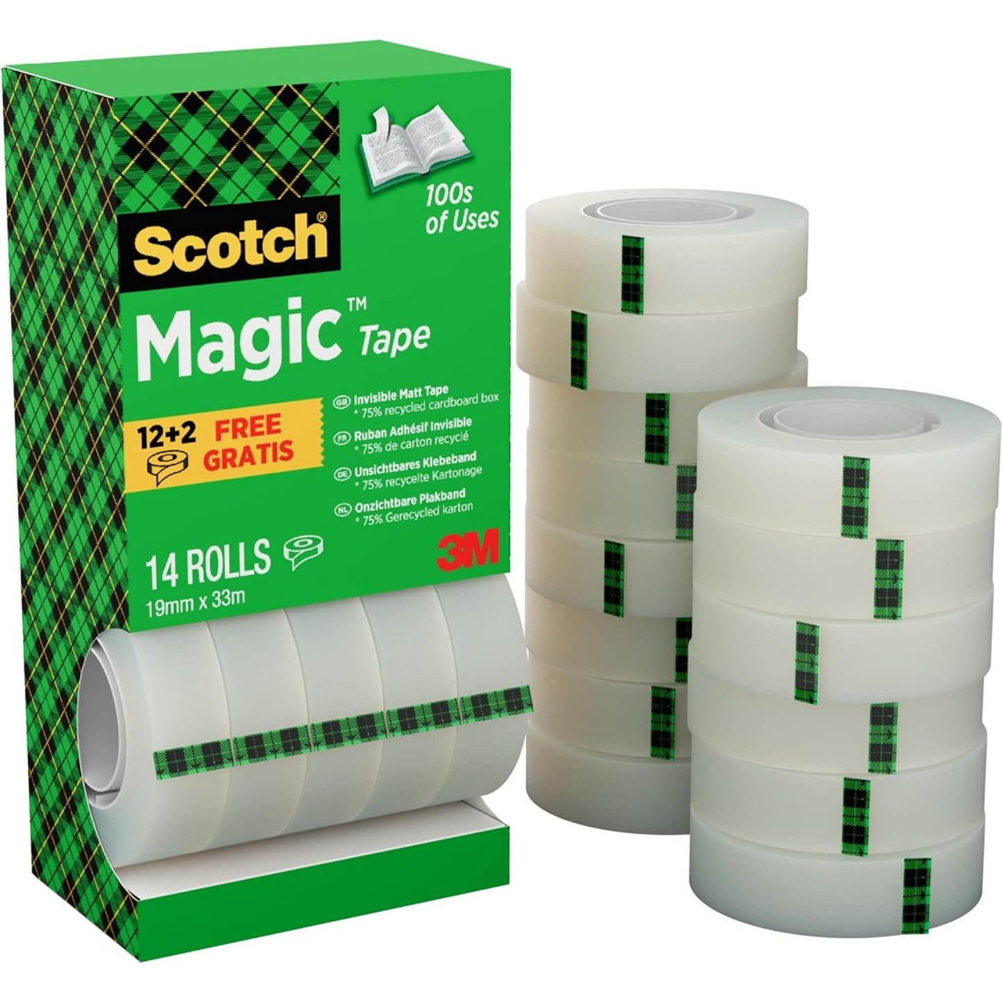266523 - SCOTCH Shirit ngjitës Magic, Pako me 14 rrotulla 19 mm x 33 m, Shirit ngjitës shumëpërdorimësh për riparimin, etiketimin dhe vulosjen e dokumenteve
