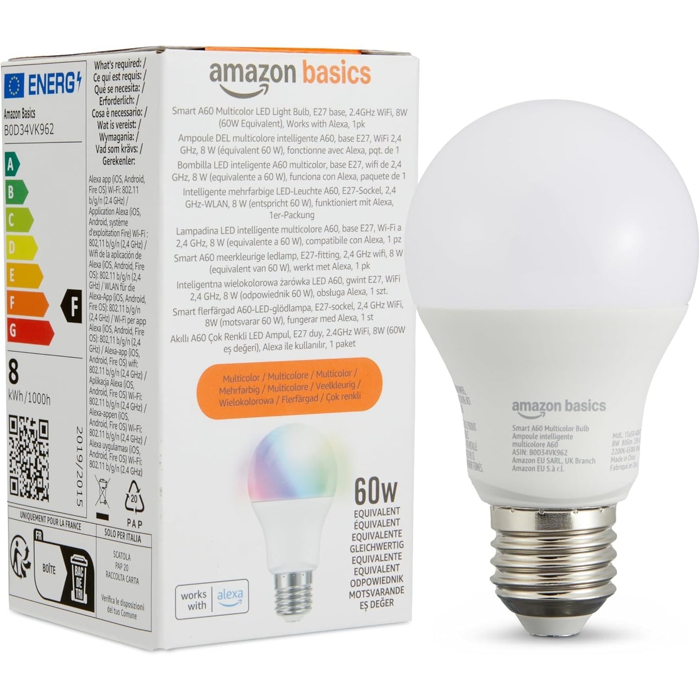248279 - AMAZON BASICS Llambë LED inteligjente, E27, 8W (ekuivalente me 60W), funksionon vetëm me Alexa, 1 copë, Shumëngjyrëshe