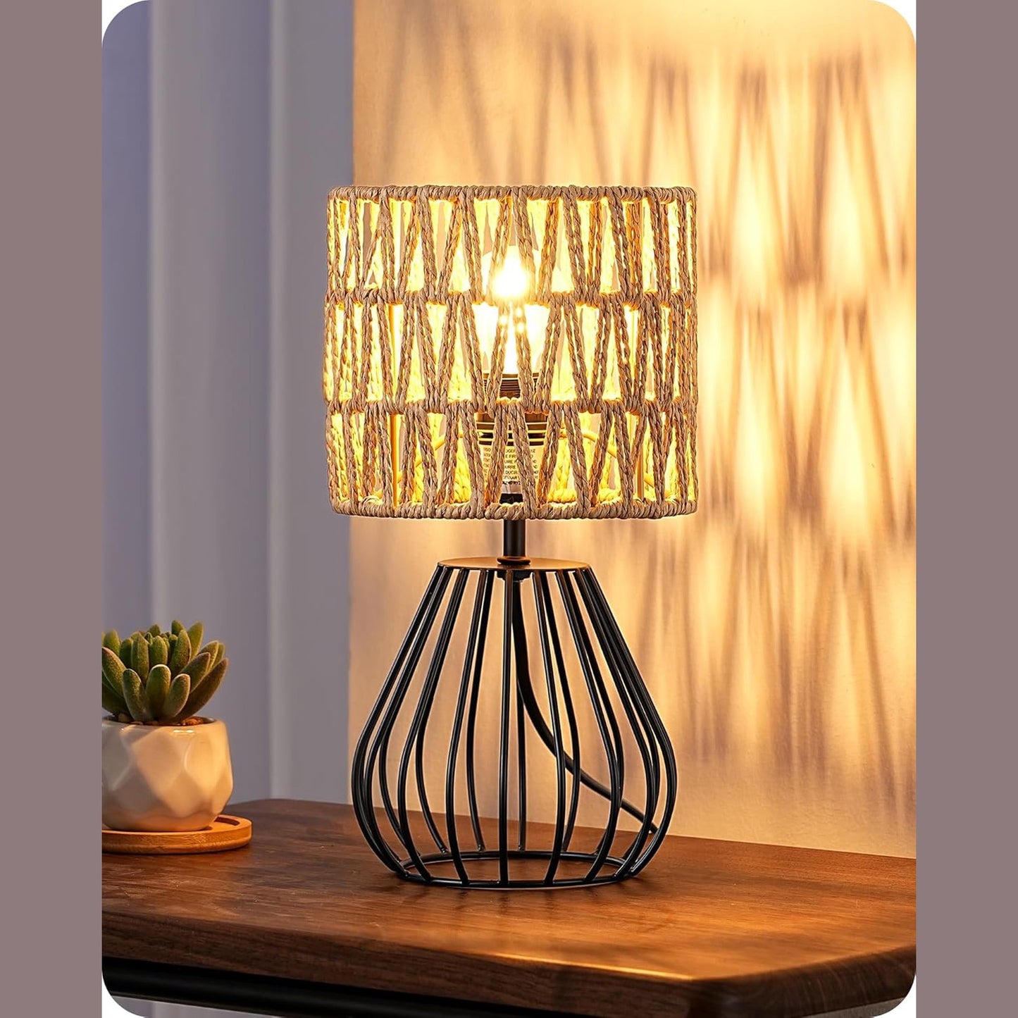 229138 - EDISHINE – Llambë tavoline industriale Vintage, Abazhur Boho, Llambë LED E14 e Përfshirë, Dritë e Bardhë e Ngrohtë 2700K
