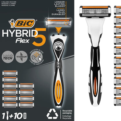 336219 - BIC Brisku për Burra Hybrid 5 Flex, 1 Dorezë, 10 Mbushje, 5 Tehe Titaniumi, Pako 1+10