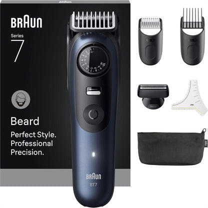 301784 - BRAUN Prerëse mjekre Series 7, Prerëse elektrike mjekre për burra, 6 aksesorë, Teh ProBlade ultra, Jetëgjatësi baterie 120 minuta, 40 cilësime gjatësie, BT7520, Blu