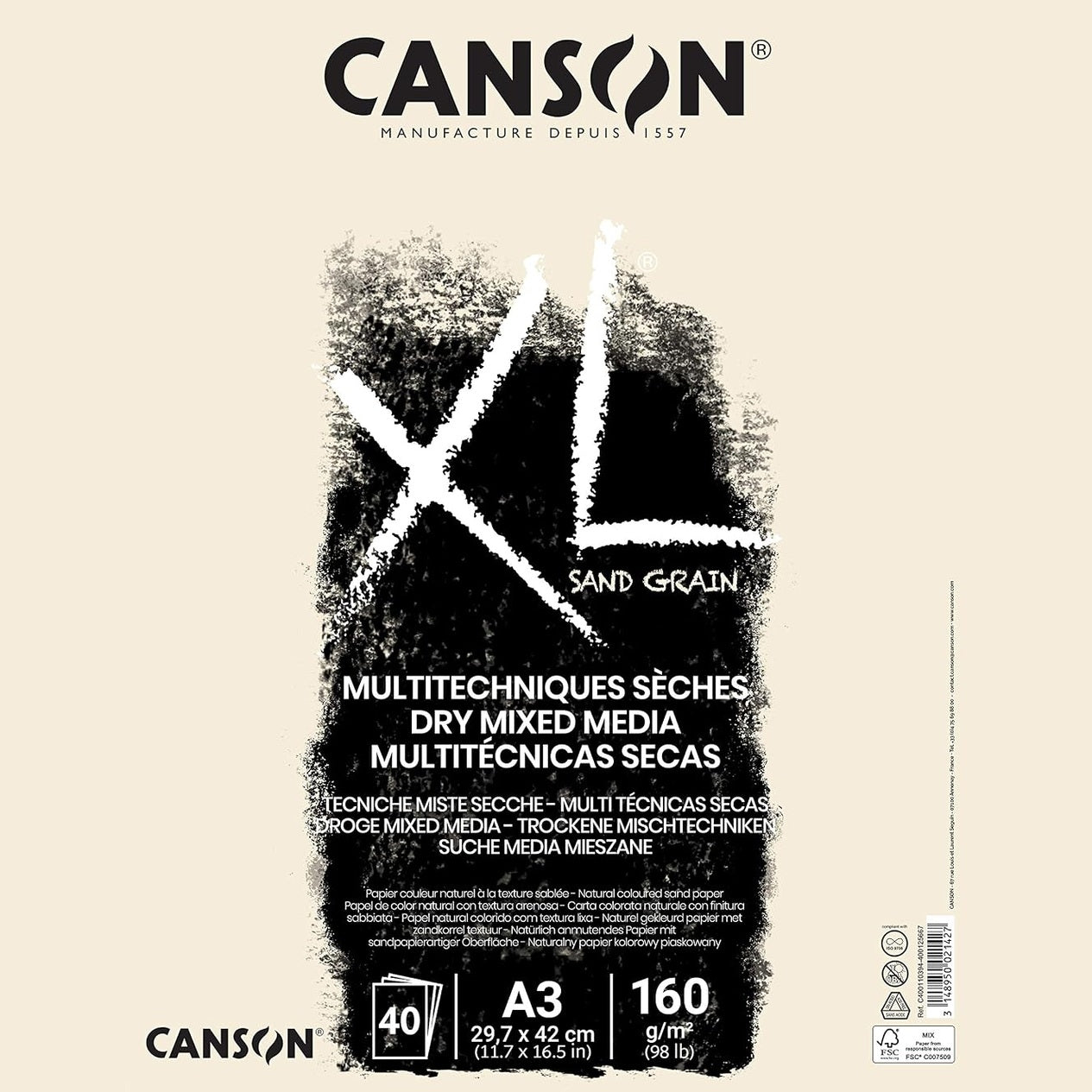 320222 - CANSON XL Letër me Media të Përziera të Thata, 160gsm, E Lidhur Spirale në Anën e Shkurtër, A3-29.7x42cm, Natyrale, 40 Fletë