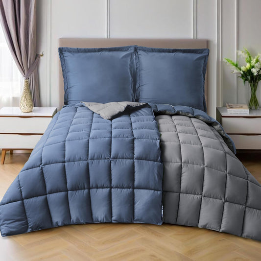 199489 - HIG - Set 4 Pjesësh Jorganësh me 2 Jorganë të Qepur 135x200cm dhe 2 Mbulesa Jastëkësh 80x80cm, Pupla të Qepura, Ngjyrë Blu, Certifikuar Oeko-TEX, Mbushje 1300g (250 GSM)