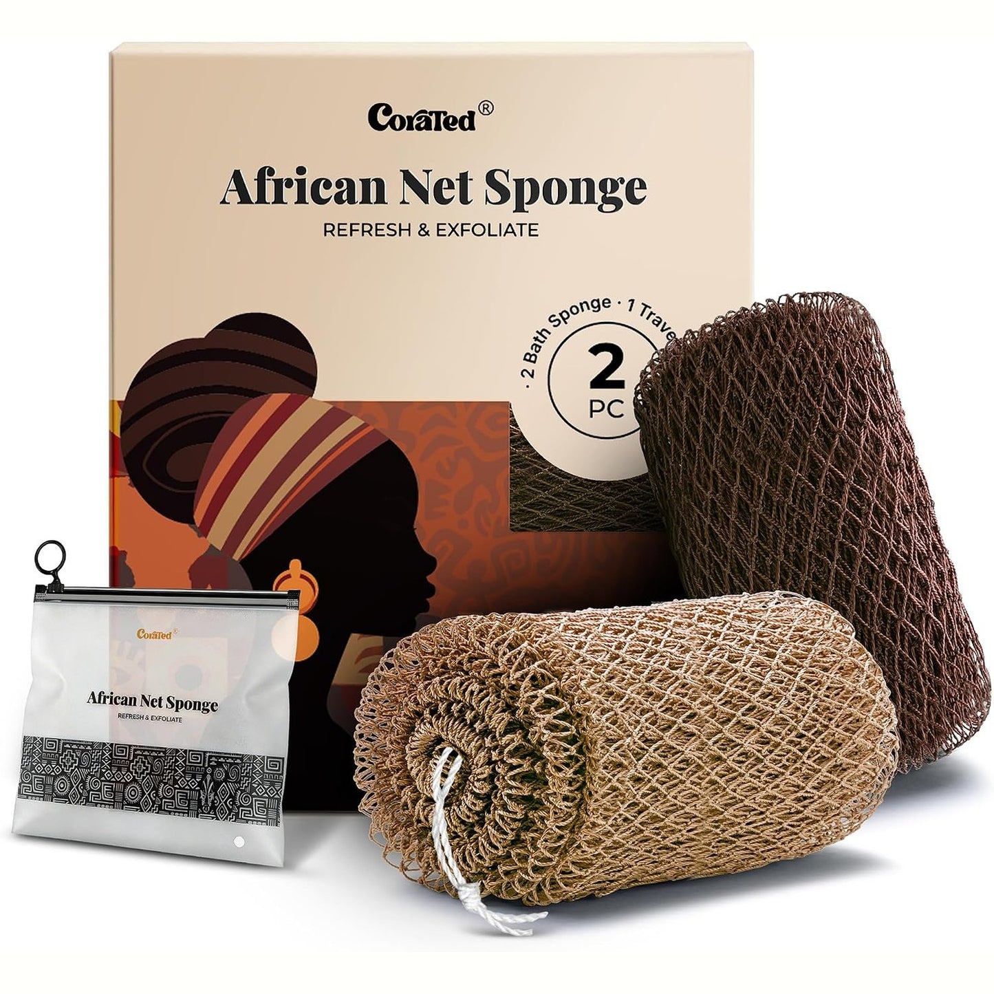 318361 - CORATED Sfungjer rrjete afrikane me 2 pjesë për kujdesin e trupit, pastrim i thellë, i larëshëm (liri dhe kafe)