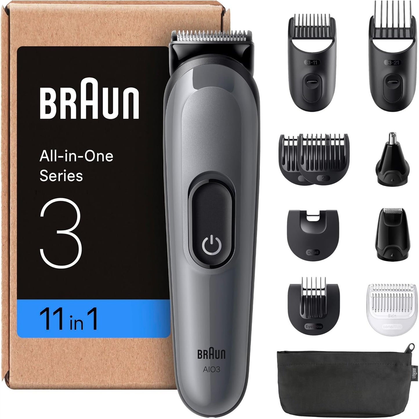 315886 - BRAUN Set 3 prerësesh All-in-One, 11-në-1, prerës mjekre, prerës qimesh hunde, prerëse flokësh për fytyrën dhe kokën, bateri 50 minuta, 14 gjatësi (3–21 mm), AIO3565, gri