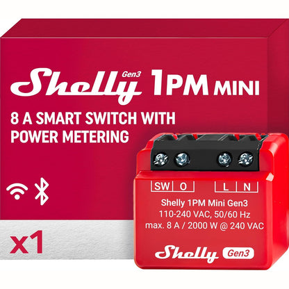 164011 - SHELLY 1PM MINI Gen3, WiFi dhe Bluetooth Smart Relé, 1-Kanal 8A, Matja e Energjisë, Automatizim Shtëpiak, Pajisje me Telekomandë, Përkrahës i Alexa dhe Google Home, i Përshtatshëm për iOS dhe Android, Qendra nuk është e Nevojshme