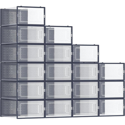 199379 - SONGMICS Kuti për Ruajtjen e Këpucëve, Set Prej 18 Copë, e Palosshme, Përshtatet për Madhësi Këpucësh deri në 44, Ngjyra Transparente dhe Blu Karboni LSP18SB30