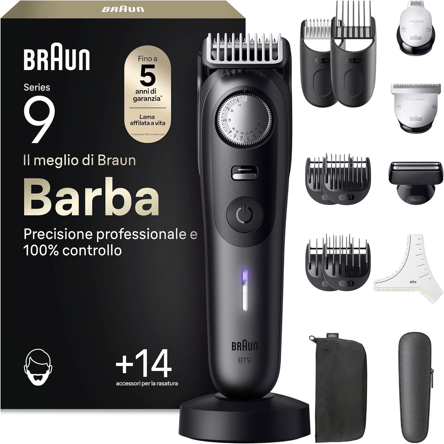 292124 - BRAUN Makinë prerëse mjekre Seria 9, +14 mjete berberi, makinë rroje elektrike, teh ProBlade Lifetime Sharp, 180 minuta, zgjedhës preciz me 52 gjatësi, i papërshkueshëm nga uji, model BT9565, titan