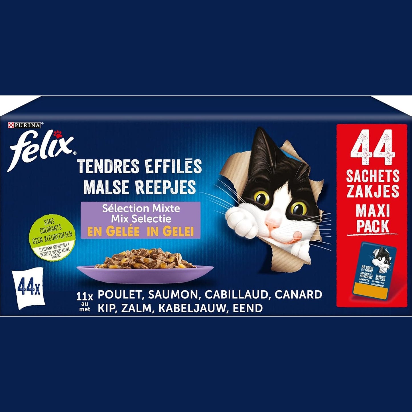 256232 - FELIX Copa të buta në pelte për mace të rritura, Recetë 100% e plotë dhe e ekuilibruar, Përzgjedhje me salmon, pulë, rosë dhe merluc, Kuti me 44 x 85g