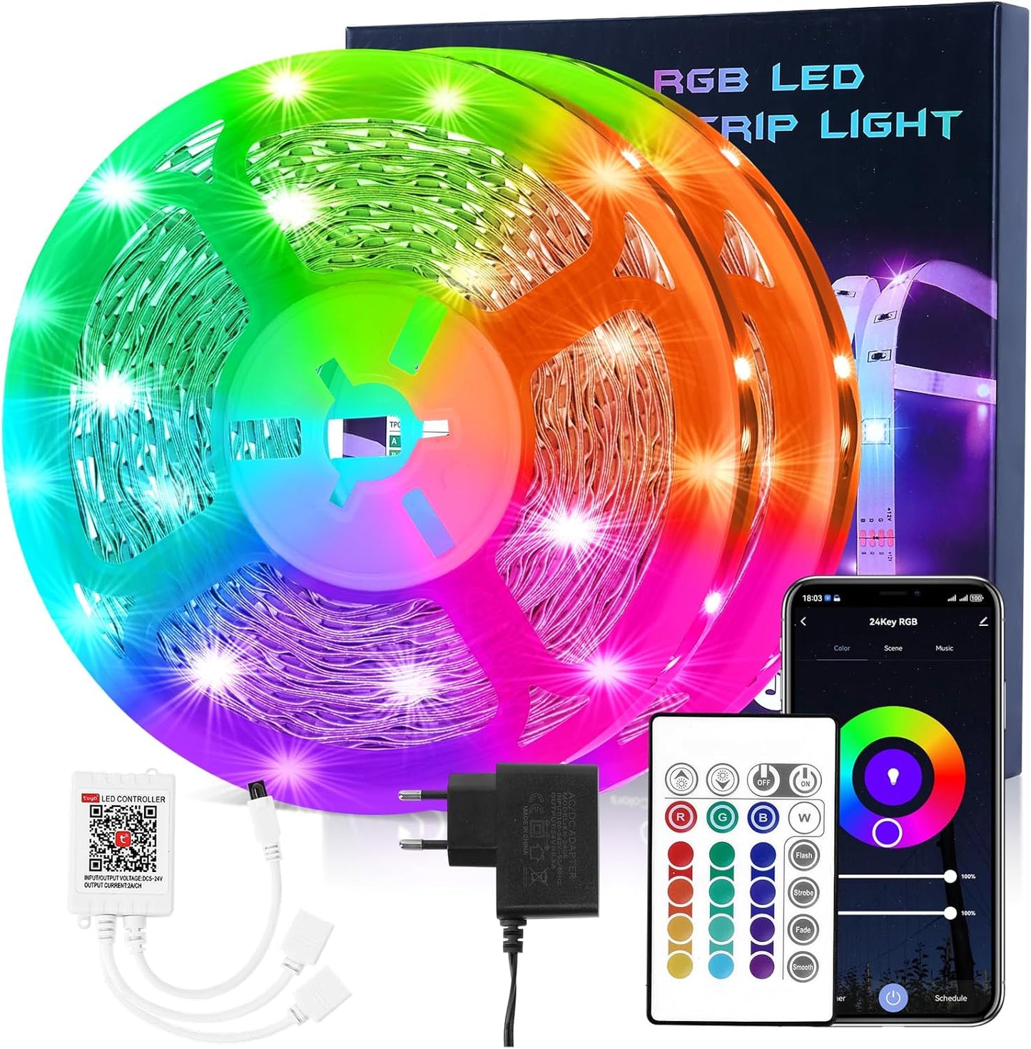 223321 - HOVVIDA Shirit LED me WiFi 20M, 30 LED/metër, 2x10M, Drita RGB 24V 600 LED, Aplikacion dhe Telekomandë, Modalitet Muzike