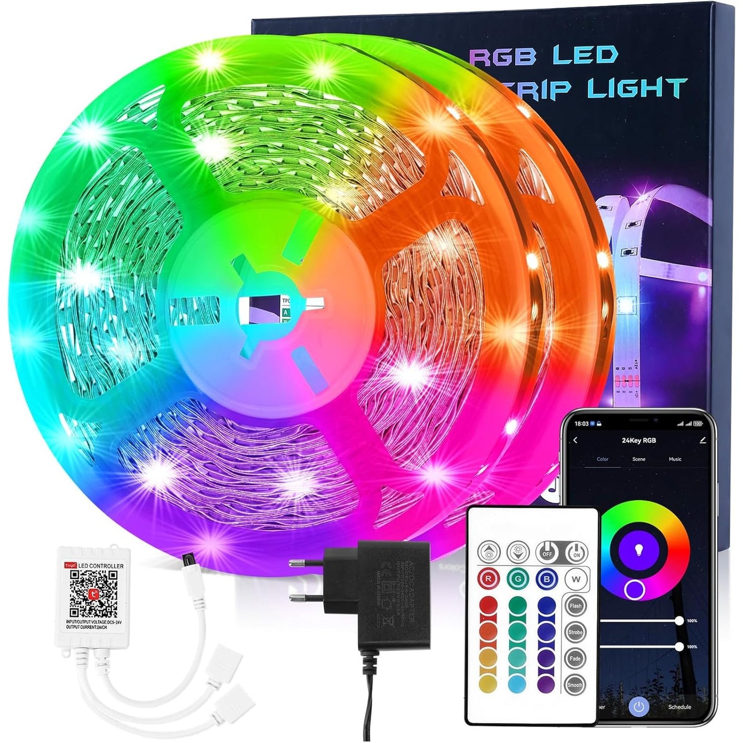 215010 - HOVVIDA Shirit LED WiFi 20M, 30 LED/metër, 600 LED, shirit RGB 24V, aplikacion dhe telekomandë