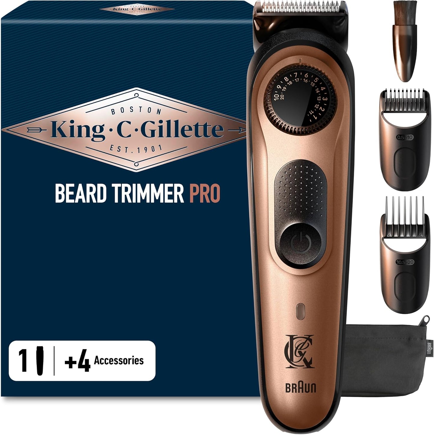 315712 - KING C. GILLETTE Brisku Elektrik Pro, Prerës Mjekre me 40 Cilësime Gjatësie, Prerës Preciz, Furçë Pastrimi, 4 Krehër të Ndërrueshëm