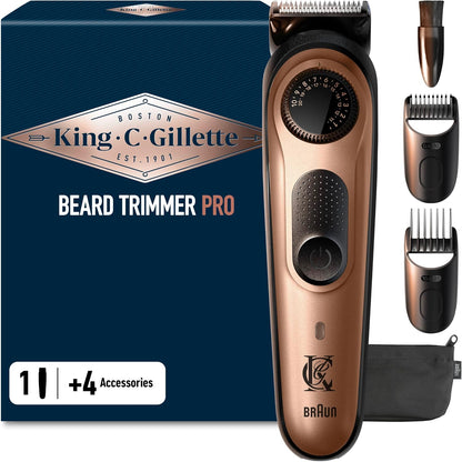 315712 - KING C. GILLETTE Brisku Elektrik Pro, Prerës Mjekre me 40 Cilësime Gjatësie, Prerës Preciz, Furçë Pastrimi, 4 Krehër të Ndërrueshëm