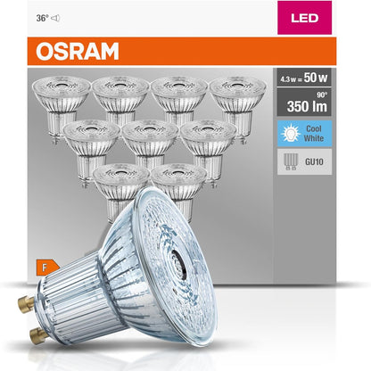 184763 - OSRAM Llambë Reflektuese LED BASE PAR16, Bazë GU10, E Paerrësueshme, Zëvendëson 50 Vat, Kënd Rrezeje 36°, Ngjyrë e Bardhë e Ftohtë - Kelvin, Pako me 10 Copë