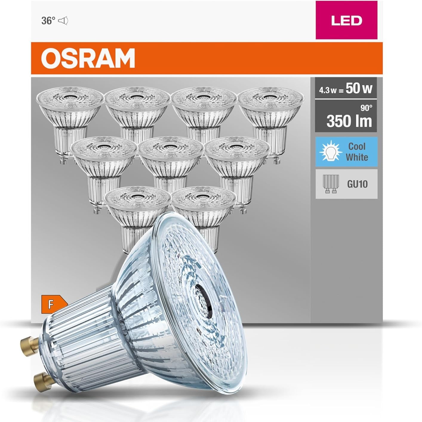 184764 - OSRAM Llambë LED Reflektuese PAR16, Bazë GU10, Paerrësueshme, Zëvendëson 50Vat, Kënd Rrezeje 36°, Ngjyra e Bardhë e Ftohtë - Kelvin, Pako Prej 10 Copë