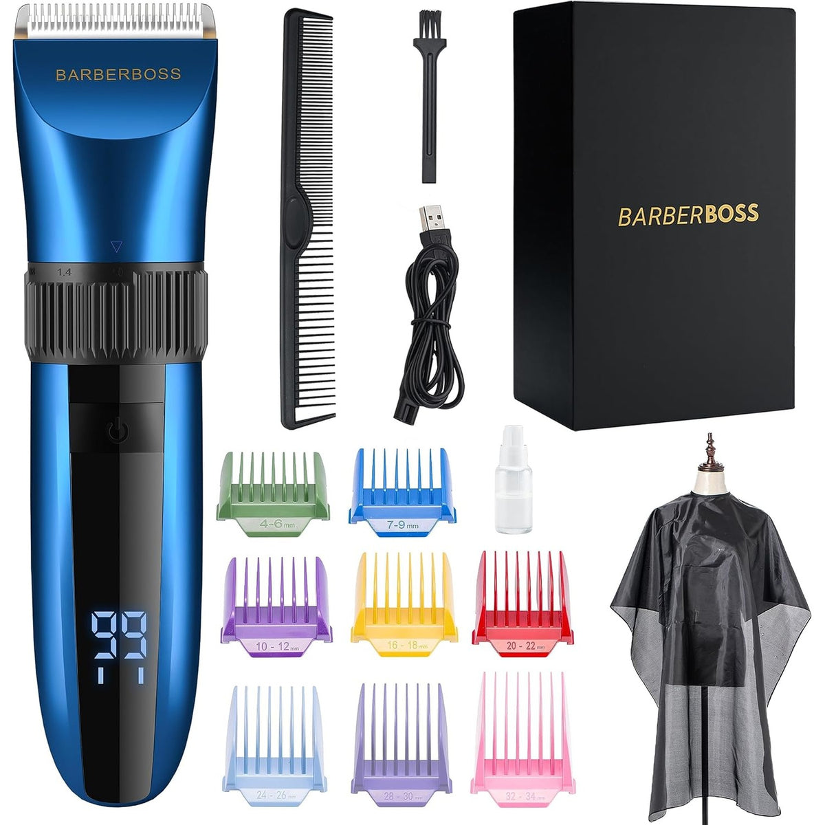 298168 - BarberBoss Makinë prerëse flokësh dhe mjekre pa tel, vetë-mprehëse, e papërshkueshme nga uji, tehe qeramike, ekran LED, karikim të shpejtë, 8 aksesorë krehëri, model QR-2082
