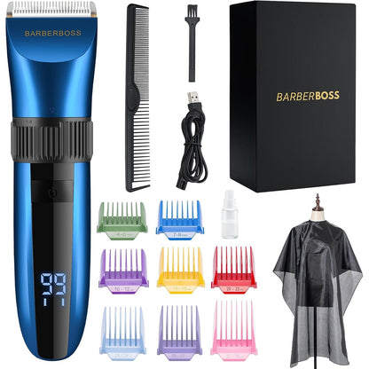 307576 - BARBERBOSS Makinë prerëse flokësh dhe mjekre, pa tel, vetë-mprehëse, e papërshkueshme nga uji, tehe qeramike, ekran LED, karikim të shpejtë, 8 aksesorë krehëri me ngjyra, model QR-2082